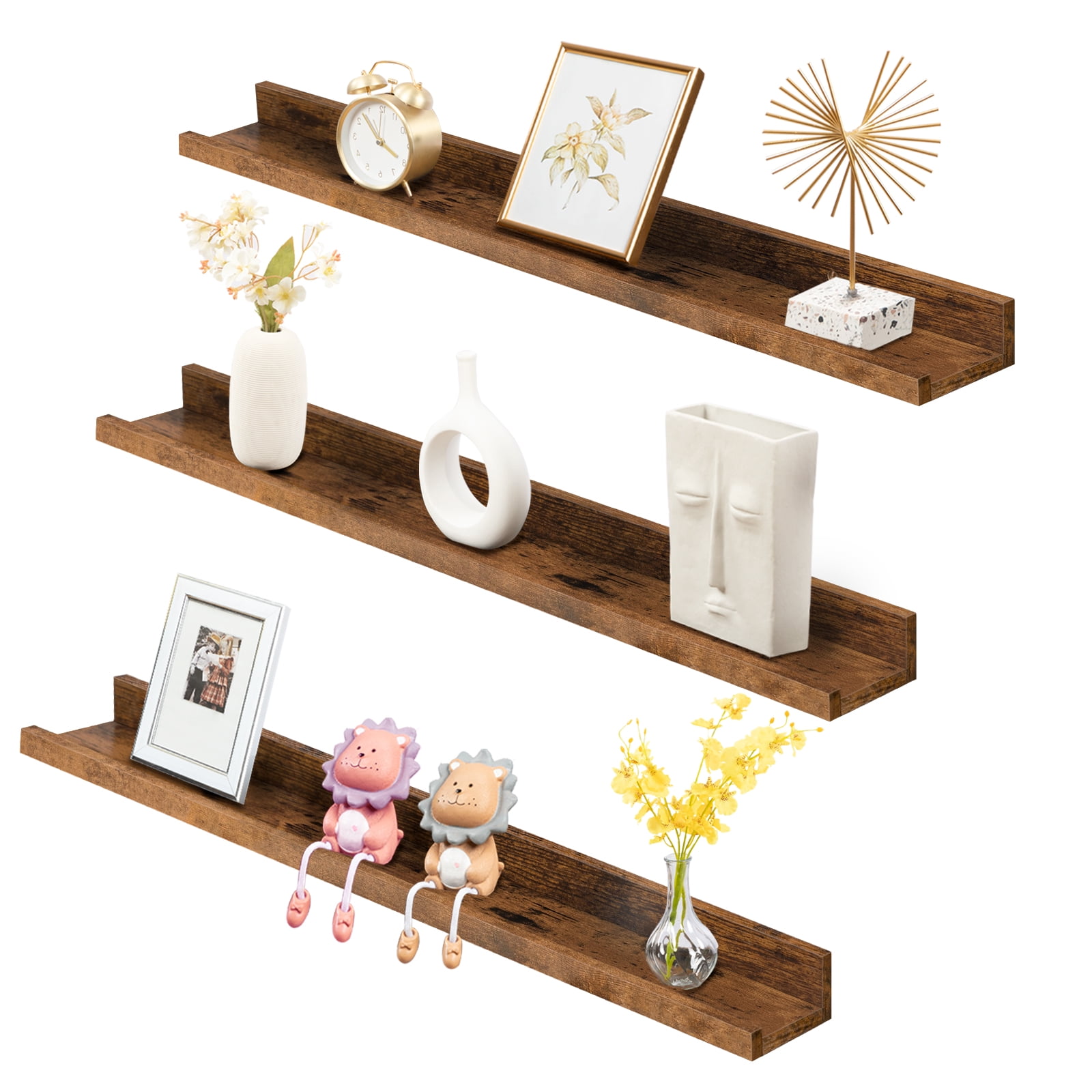 HOOBRO Set of 3 35.4-Inch Floating Wall Shelves with Raised Edge & Invisible Brackets, Rustic Brown