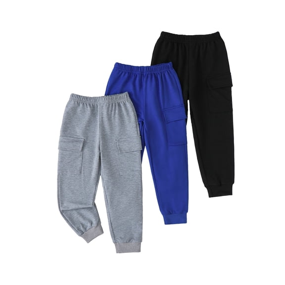 Toddler Boys Clothes Boys Pants Kids 3-Pack Joggers Toddler Cargo Casual Elastic Waist Pants for Boys 3T 4T 5T Size 6 7 Black Gray Blue