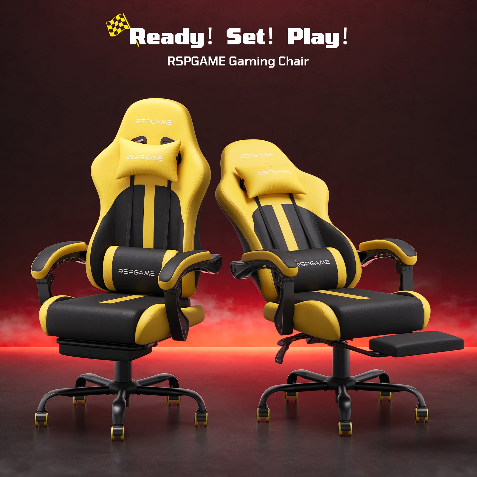 RSPGame Ergonomic Gaming Chairs for Adults,Pocket Spring Cushion,PU Leather Office Chairs with Lumbar Support and Retractable Footrest,Home and Office Computer Chairs-Yellow Racing