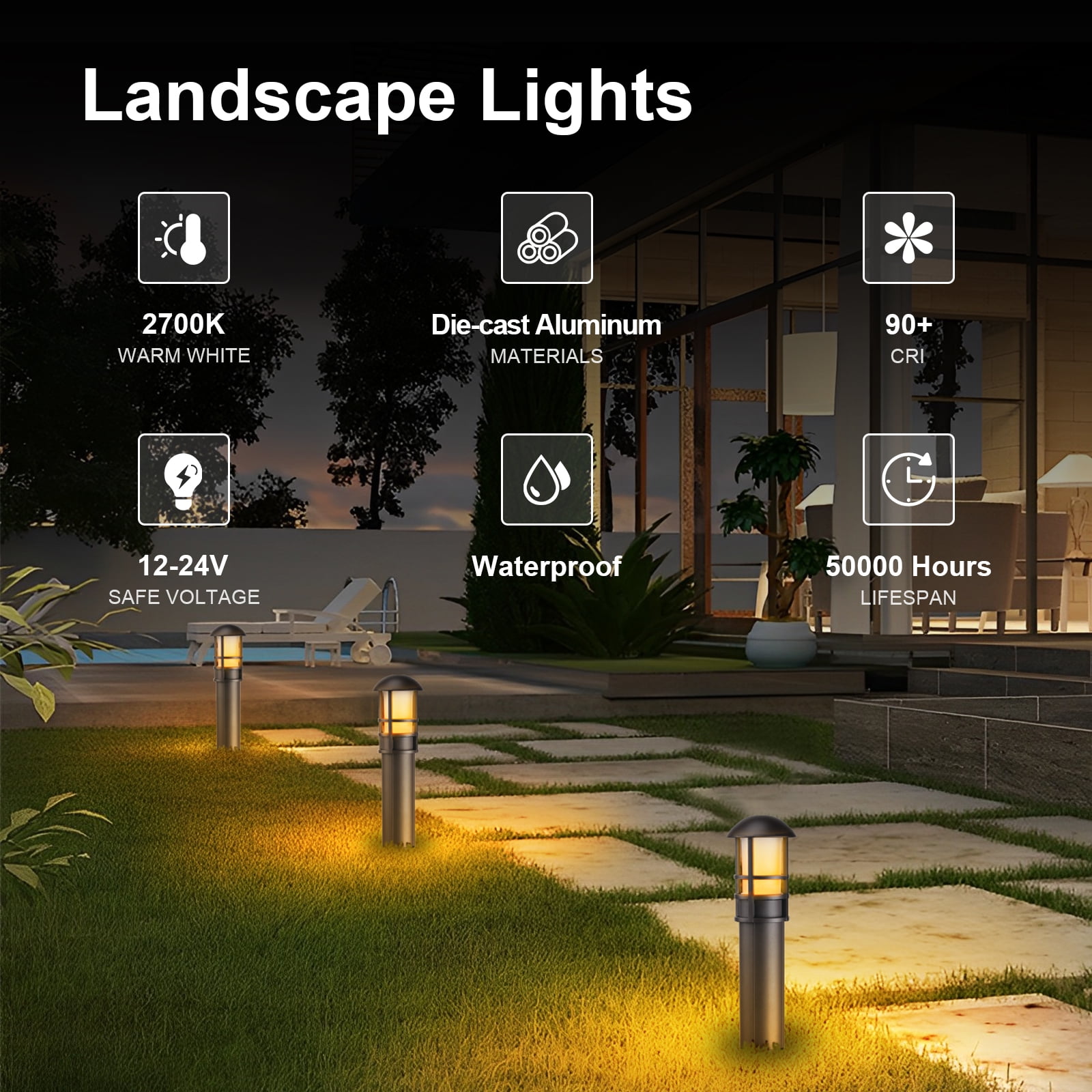 MW Lighting 12 pack Low Voltage Landscape Pathway Lights, 3W, Waterproof, 2700K Warm White