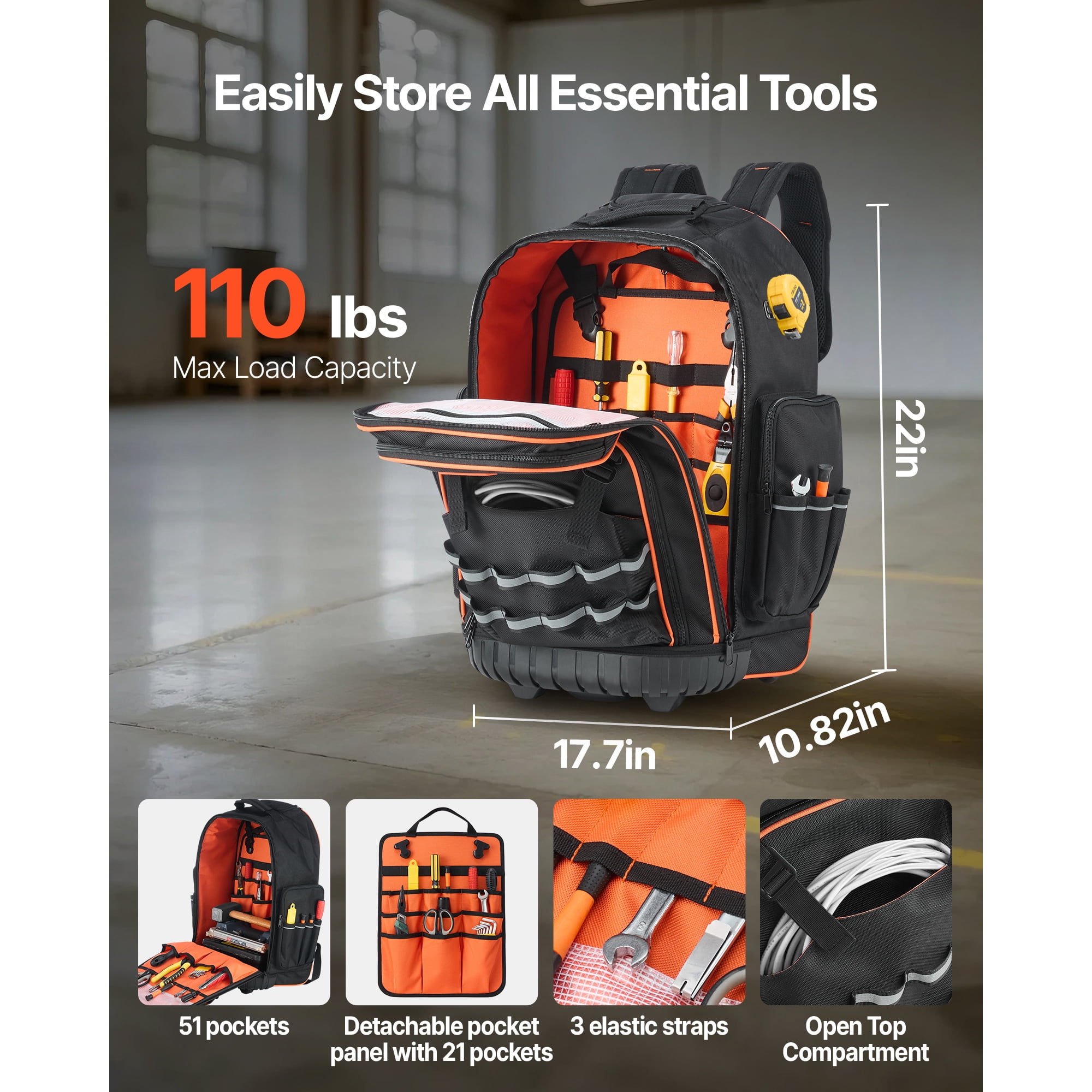 KFFKFF Rolling Tool Backpack with 110 lbs Capacity, 72 Pockets, Heavy-Duty Tool Bag on Wheels, Telescoping Handle & Sturdy Base, Organizer for Construction and Mechanics