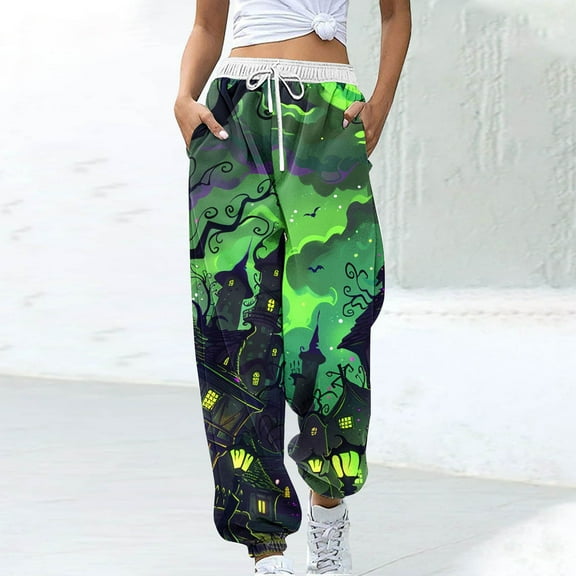 WFJCJPAF 2025 New Halloween Pants for Women Plus Size,Women Loose Casual Halloween Printed Pocket Drawstring Pants - Blue XL