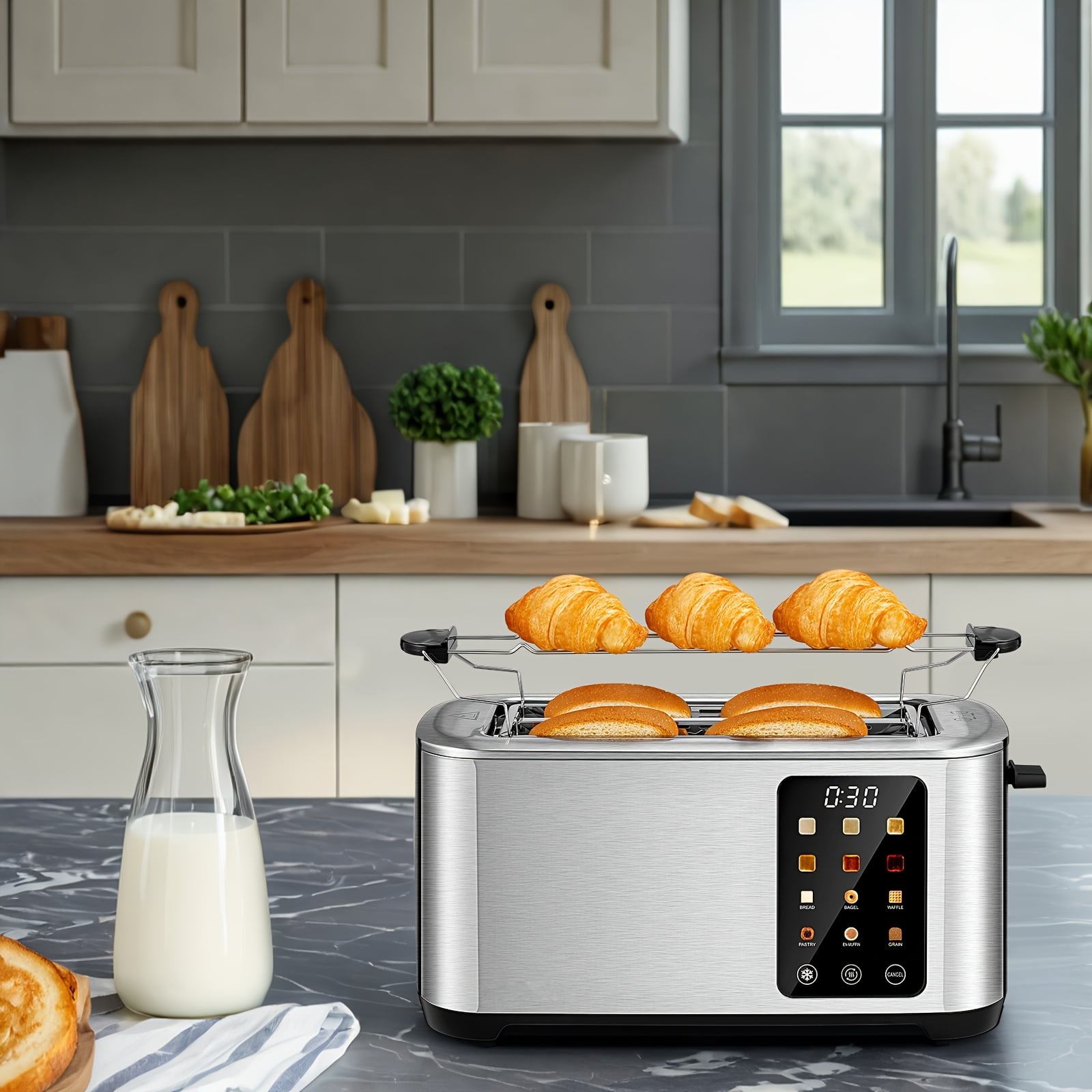 Stainless Steel 4-Slice Toaster with Touch Screen, Extra Wide Slots, 6 Bread Types & 6 Shade Settings, Defrost Reheat Cancel Functions, Removable Crumb Tray, Silver