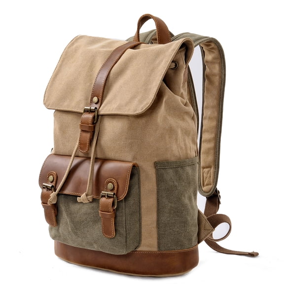 ISMART Vintage Hiking Backpack with Genuine Leather & Waxed Canvas, Lightweight Laptop Daypack for Travel School