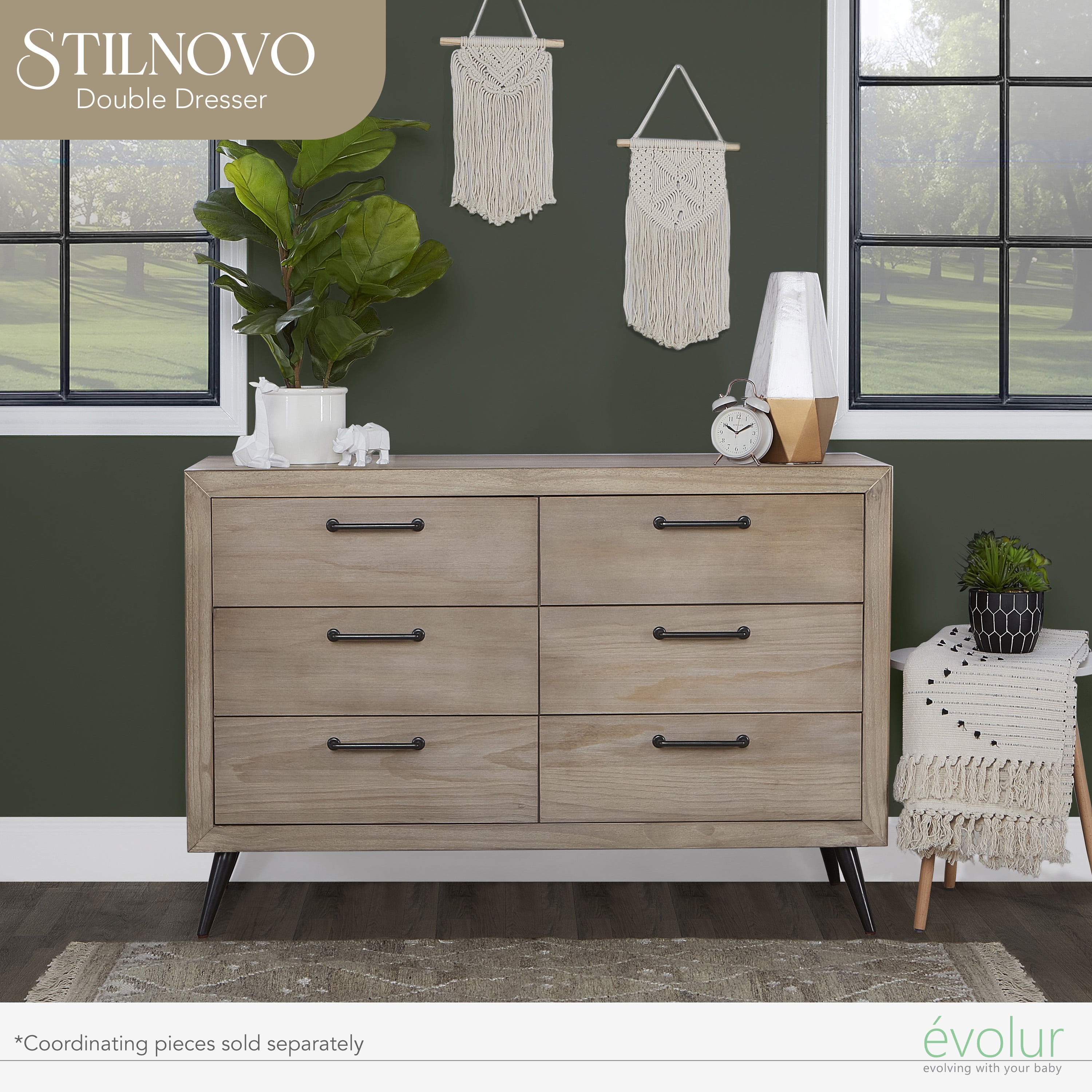 evolur Stilnovo Mid Century Double Dresser, Windsor Oak Grey