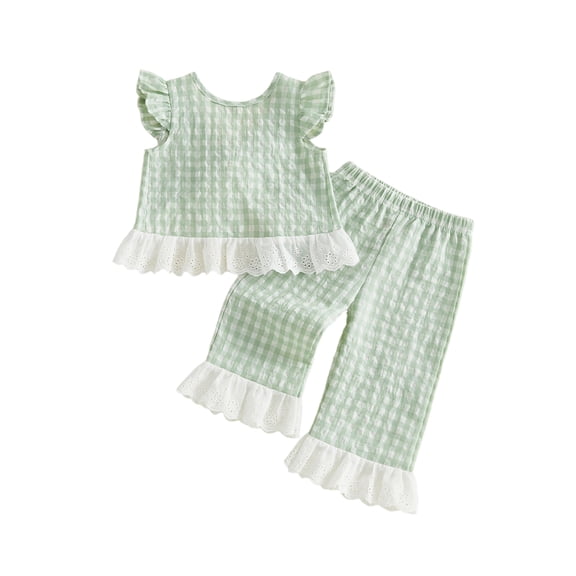 BemeyourBBs 2Pcs Toddler Baby Girls Summer Clothes Cute Infant Baby Girl 2 Pieces Outfits Flying Sleeve Plaid Print Back Bow Lace Trim Shirt Tops and Elastic Waist Pants Set
