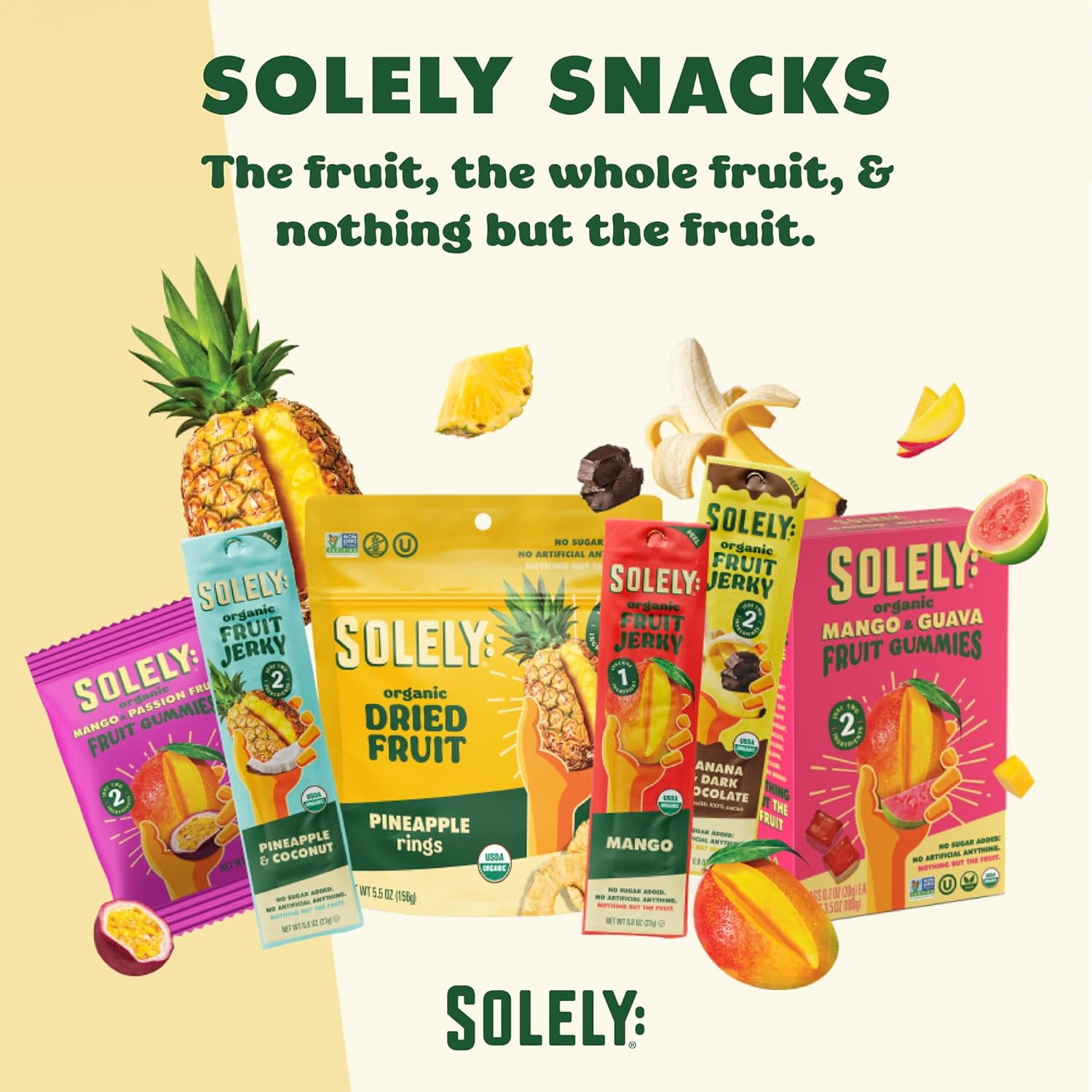 SOLELY Organic Mango Raspberry Fruit Jerky, 12 Individually Wrapped Fruit Strips, Leathery Texture, Healthy Snacks for All, Vegan Snack, 0.8oz (23g)