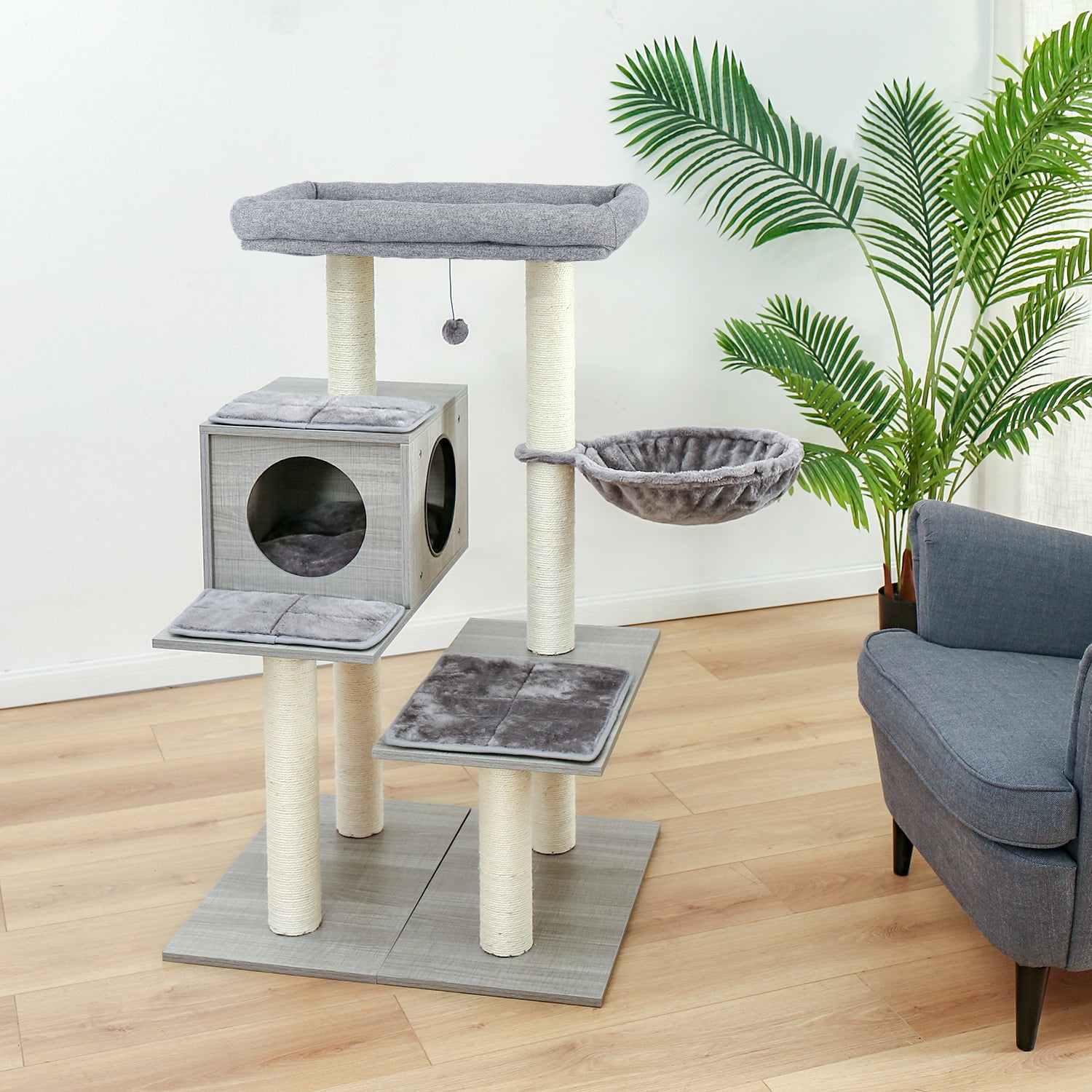 Kepooman Cat Tree House - Cat Play Tower With with Fully Wrapped Sisal Scratching Posts and Plush Hammock - Large & Small Cats’Cat Tower Kepooman Cat Tree House - Cat Play Tower With with Fully Wrapped Sisal Scratching Posts and Plush Hammock - Large & Small Cats’Cat Tower