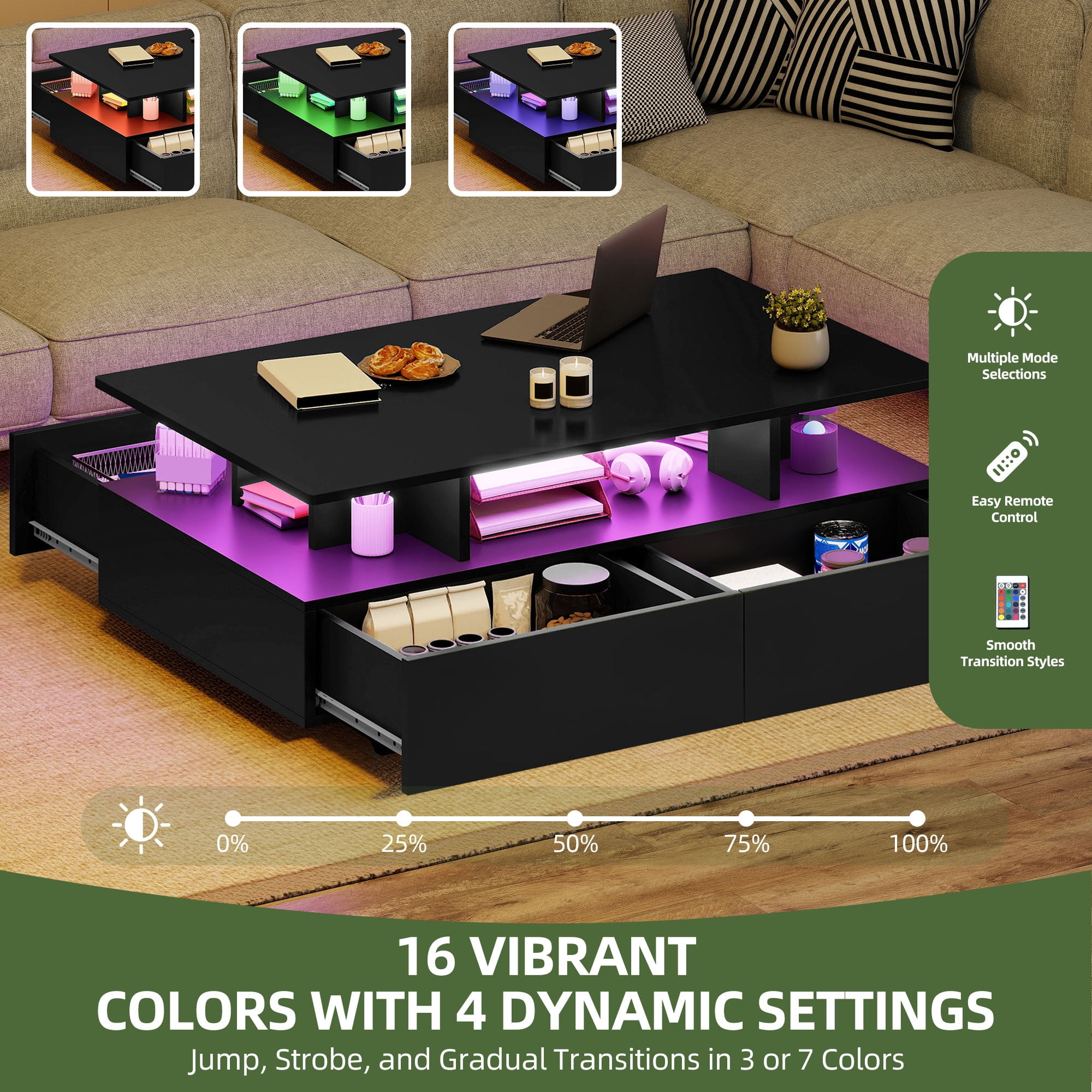 Uforic Modern LED Coffee Table, Center Tables with Storage for Living Room, Black