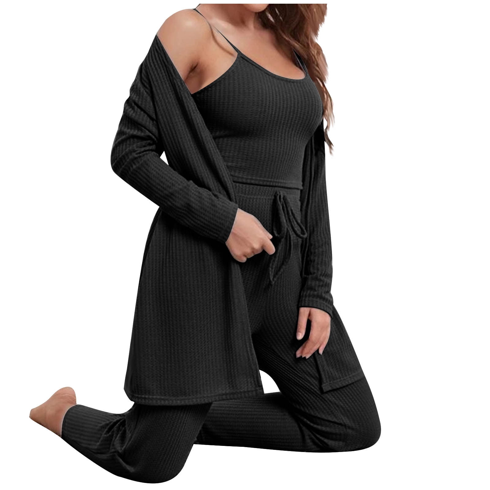 トップス LONG SLLEVE LOUNGE CARDIGAN 3 Fessceruna Womens 3 Piece Lounge Sets Pajamas Knit Long