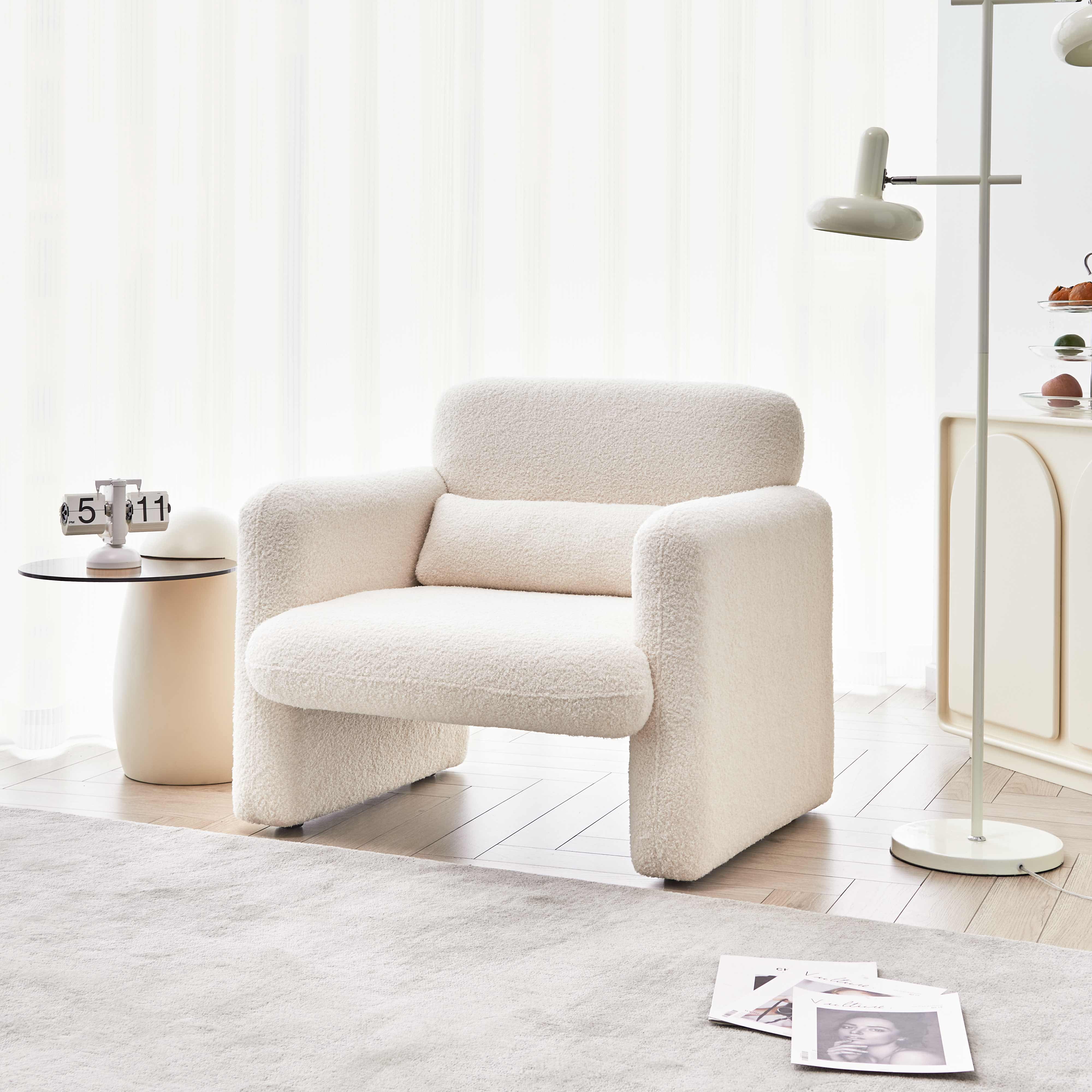 MAYEERTY Modern Lamb Fabric Armchair Solid Wood Frame Toss Pillow Included
