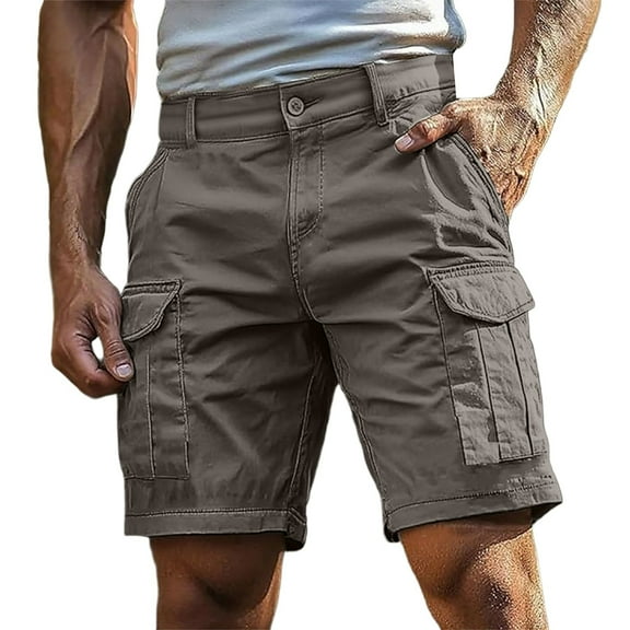 Men's 6 Inch Cotton Shorts Elastic Waist Big and Tall Knee Length Multi-Pockets Bermuda Shorts Breathable Fabric Ideal for Outdoor Adventures (Grey, L)