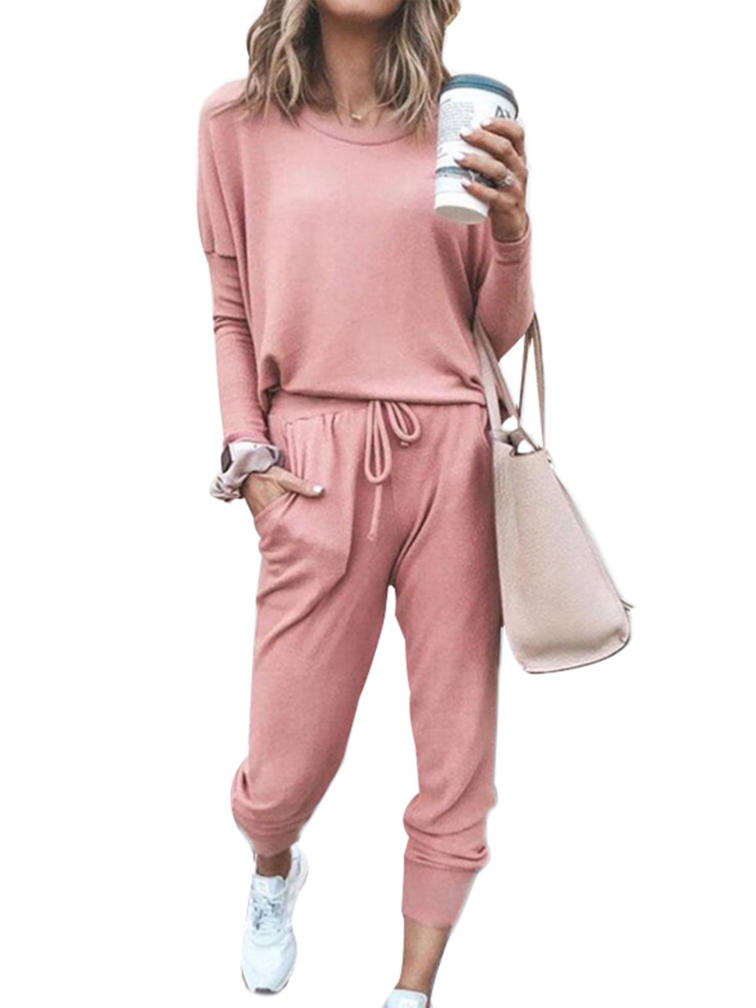 Womens 2 Piece Short Sets Solid Color Knit Pullover Sweatsuit Tunic Tops for Leggings Sweatsuit T Shirts Loose Fit