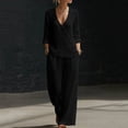 thumbnail image 2 of VBVC Women's Button 2 Piece Outfits Set,Long Sleeve Top and Wide Leg Pants For Women, Ladies' V-Neck Loungewear Tracksuit with Pockets,Black,S-2XL, 2 of 6