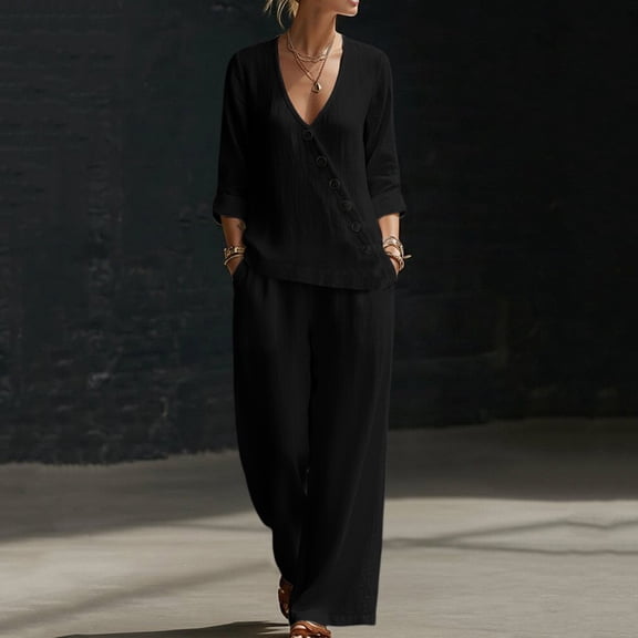 BRELIL Women Two Piece Set V Neck 3/4 Sleeve Top Wide Leg Pants Casual Summer Lounge Matching Outfits Solid Boho Vacation Travel Loungewear Tracksuit, Black S