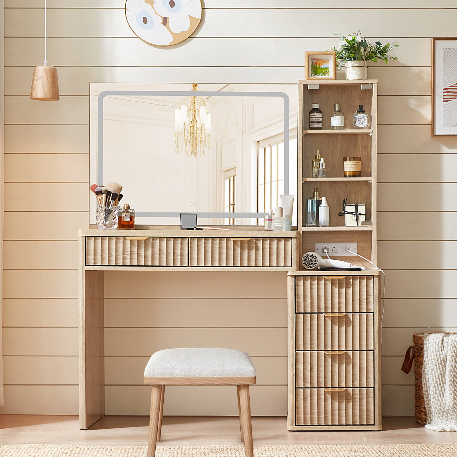 43.5" Fluted Vanity Desk with Mirror and Lights and Power Outlet, Makeup Vanity with Large Desktop & Drawers, Vanity Set with Stool for Bedroom, Natural Wood