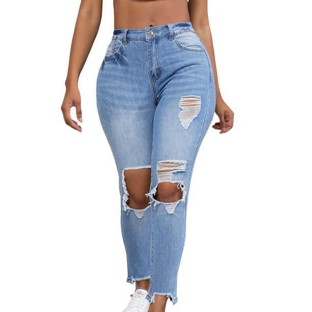 Gibobby Pantalones para mujer Vaqueros de mujer Pantalones elásticos desgastados de cintura alta Vaqueros desgastados clásicos para mujer(Azul,CH)