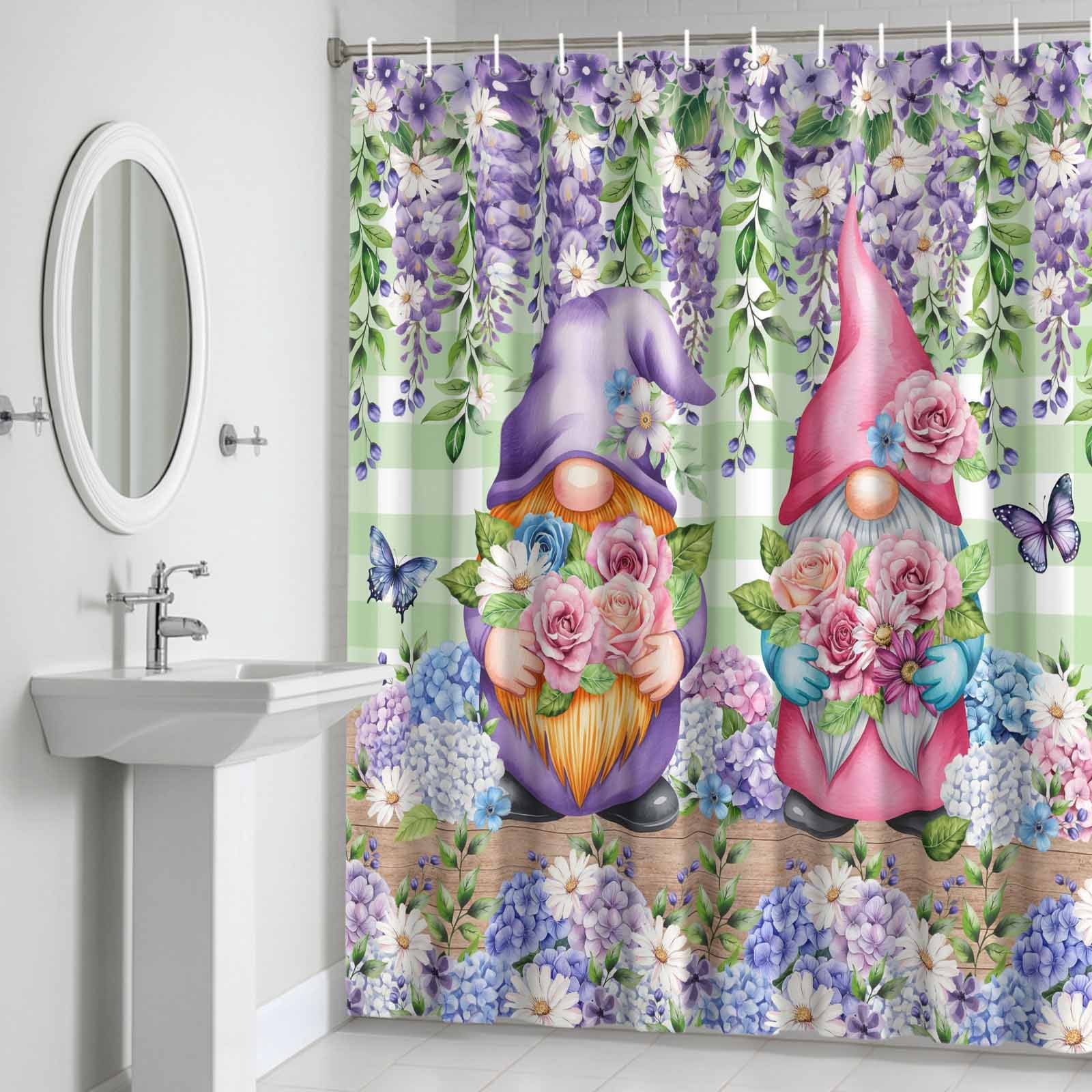 Spring Gnomes Shower Curtain for Bathroom, Watercolor Purple Blue White Floral Leaf Green Plaid Wood Grain Waterproof Cloth Fabric Bathroom Accessories Set with 12 Rust Proof Plastic Hooks, 72"x72"