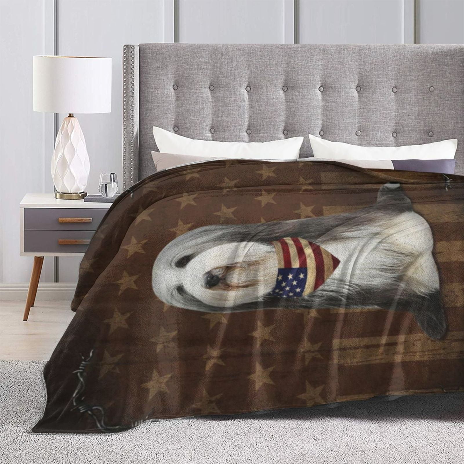 Wijzvio Bearded Collie Dog With Vintage American Flag Throw Blanket Soft Fuzzy Fleece Blanket For Couch Bed Living Room Decoration 60"X50"