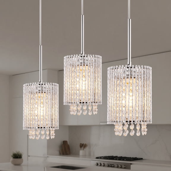 YANSUN 6 in 1-Light Brushed Nickel Crystal Modern Farmhouse Pendant Lights, Hanging Lamp Kitchen Island Dining Room (3-Pack)