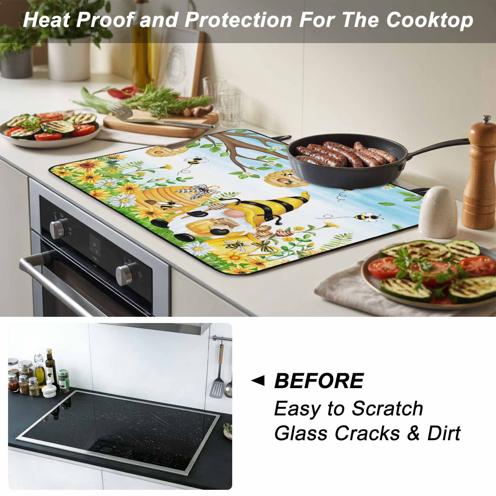 Yellow Daisy Gnomes Stove Top Cover for Electric Stove, Heat-proof & Non Slip Glass Top Stove Cover Protector, Pastoral Bees Floral Botanical Blue Kitchen Flat Cooktop Rubber Mat 24x21 Inches