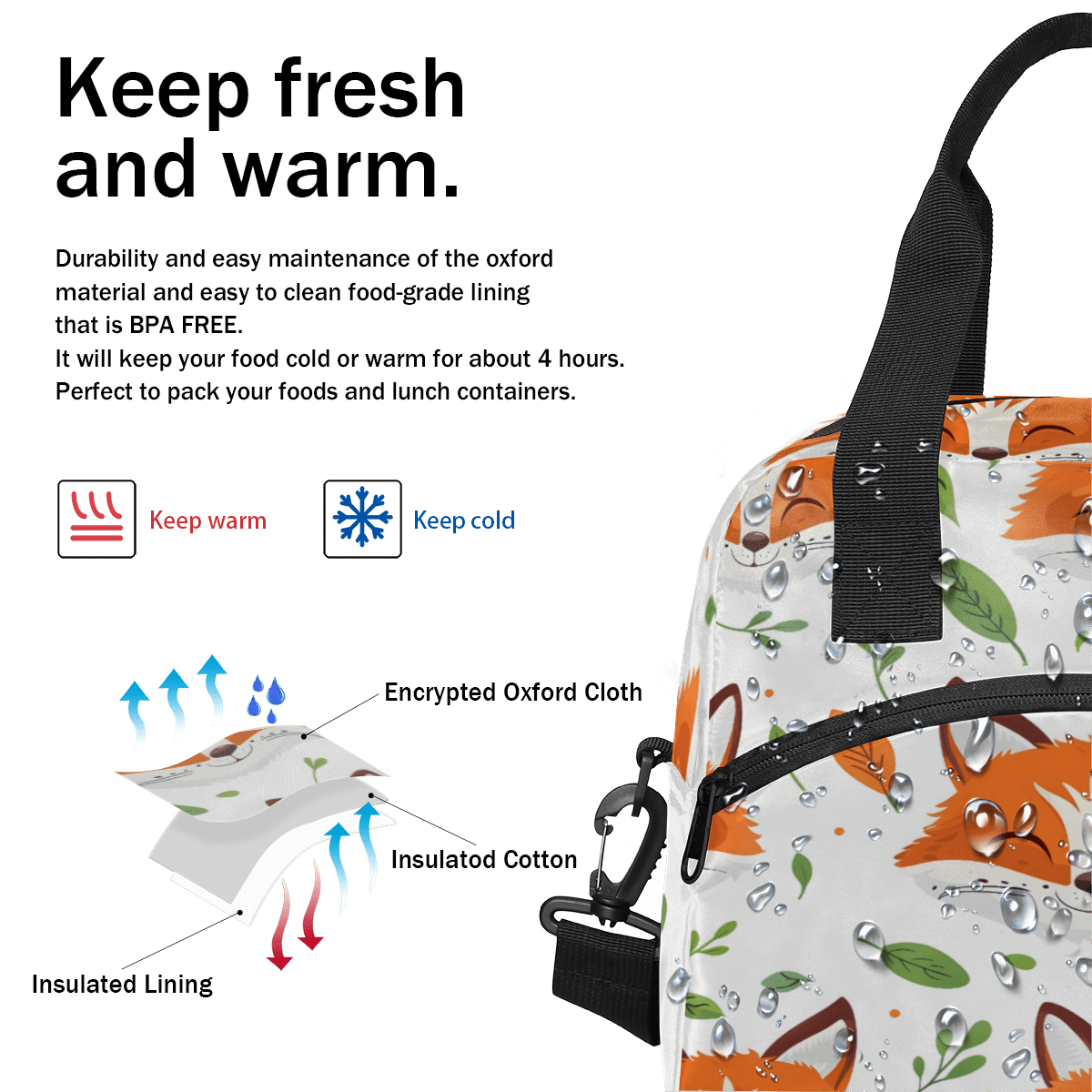 Herdesigns Fox Insulated Lunch Bag for Women Men Adults Large Reusable Lunch Box Cute Fox Wildlife Leakproof Cooler Tote Bags with Adjustable Shoulder Strap