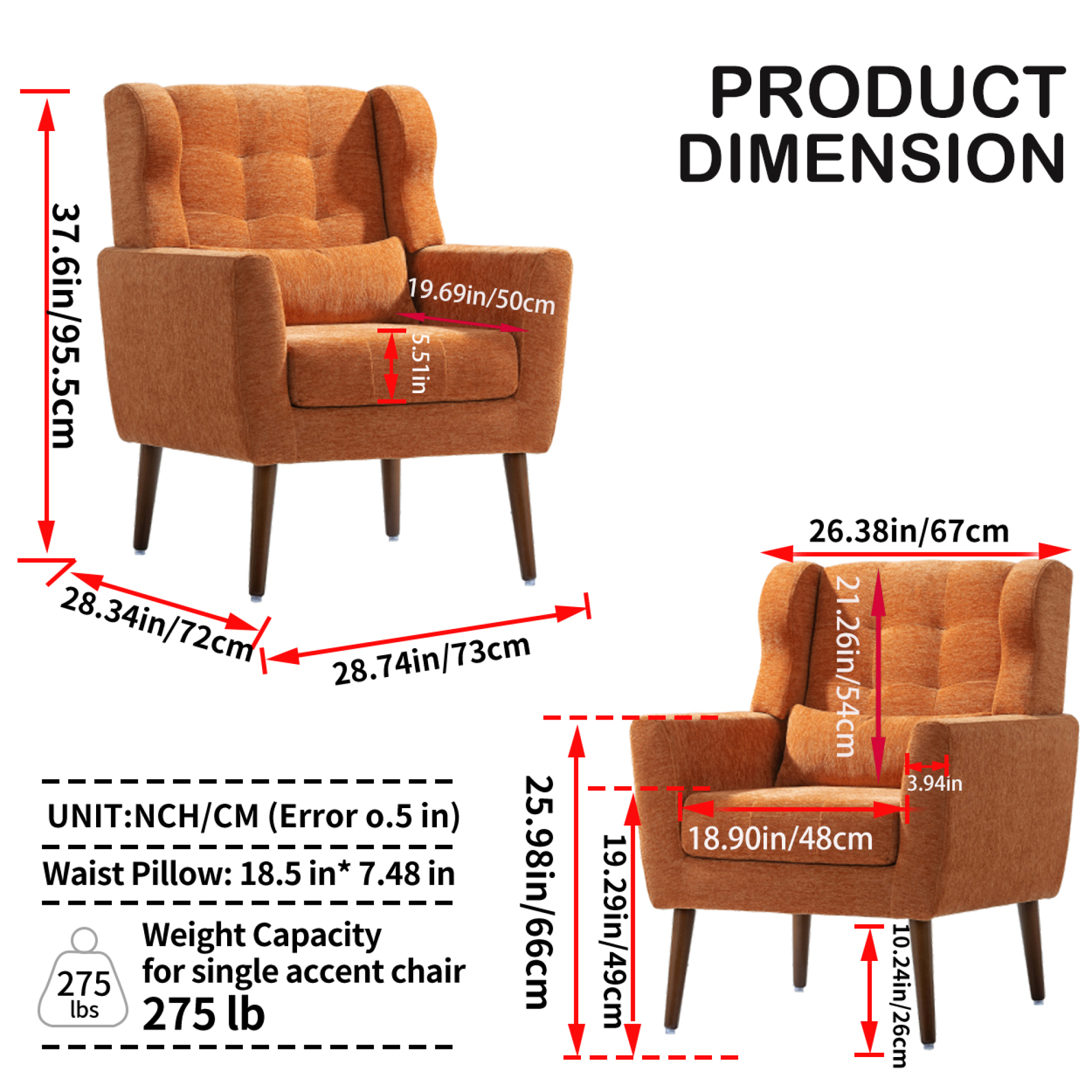 Leumius Modern Accent Chair with Solid Wood Leg, Chenille Armchair with Pillow, Comfy Soft Padded Lounge Chair for Small Space, Bedroom, Living Room Orange