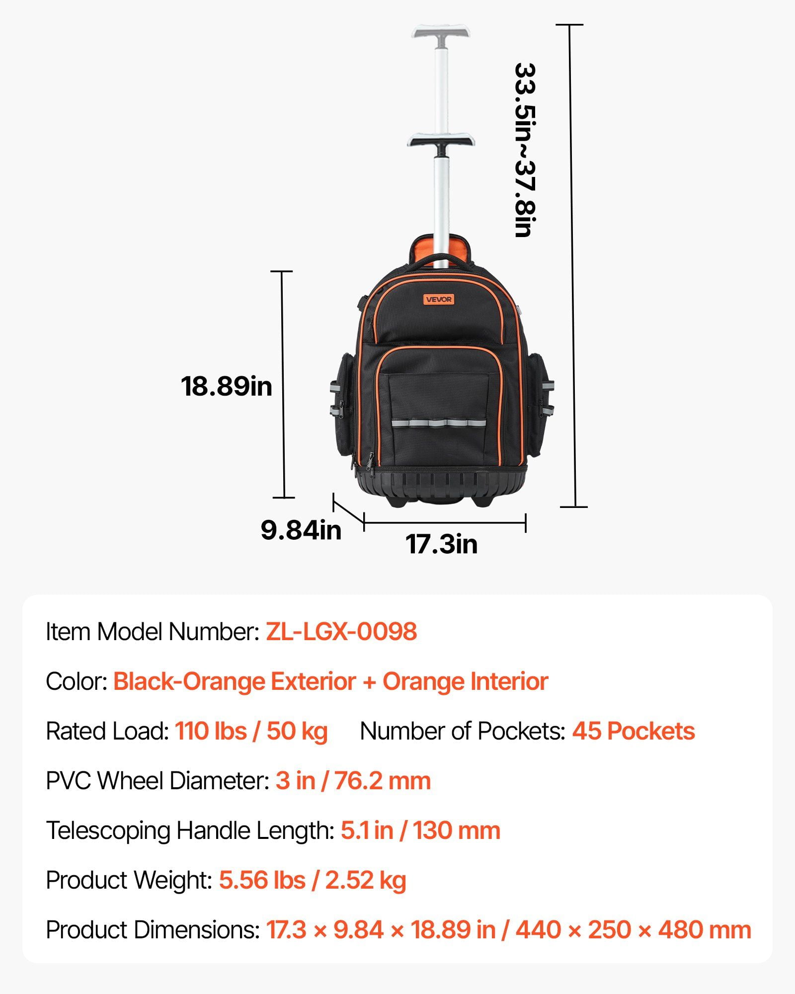 Rolling Tool Backpack 45 Pockets Heavy Duty Roller Tool Bag on Wheels