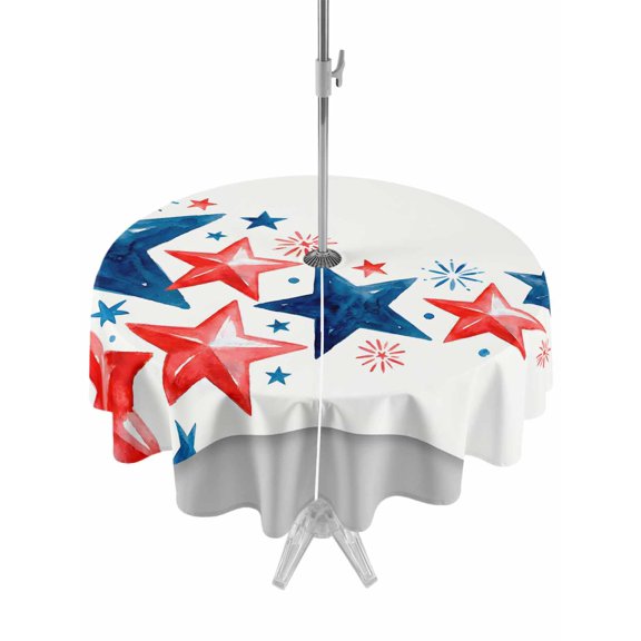 Outdoor Tablecloth with Umbrella Hole for Patio/Picnic/Party/Camping, Red Blue Star 4th of July Waterproof Table Cloth Round Cover Washable, Independence Day Firework Grey (Dia 60")