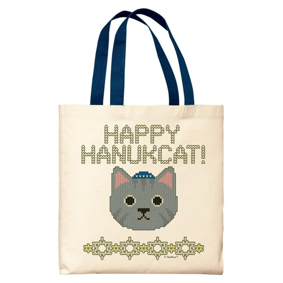ThisWear Cat Hanukkah Hanukkah Happy Hanukcat Navy Handle Canvas Tote Bag