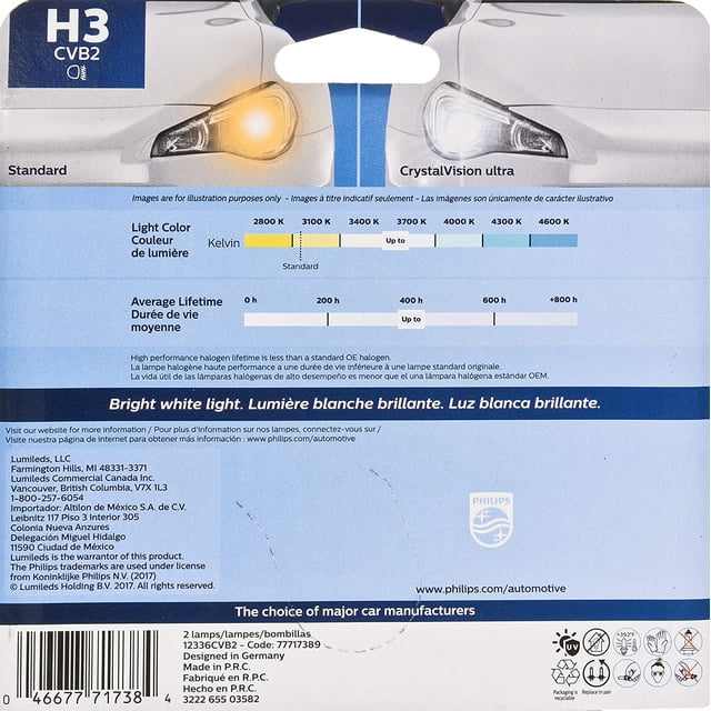 Philips H3 CrystalVision Ultra Upgraded Bright White Headlight Bulb, 2 Pack