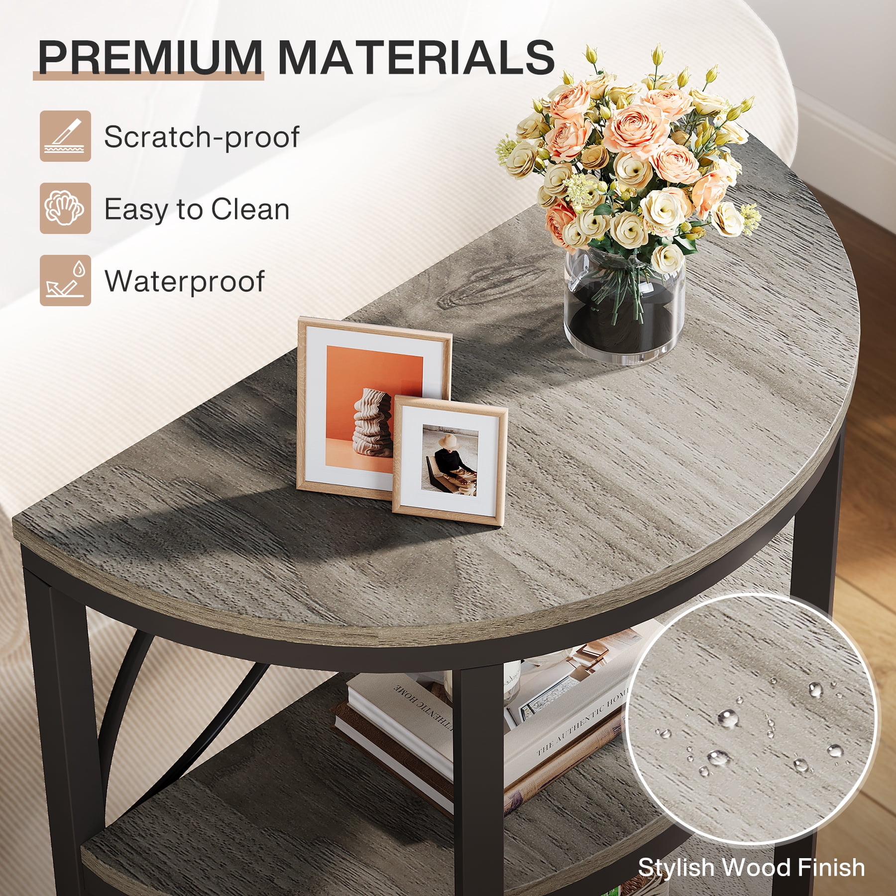 Fnova Farmhouse Half-Moon End Table, 3-Tier Storage Wood Side Table with Metal Frame, Modern Bedside Table, Narrow Sofa Table for Living Room Bedroom, Easy Assembly, Gray