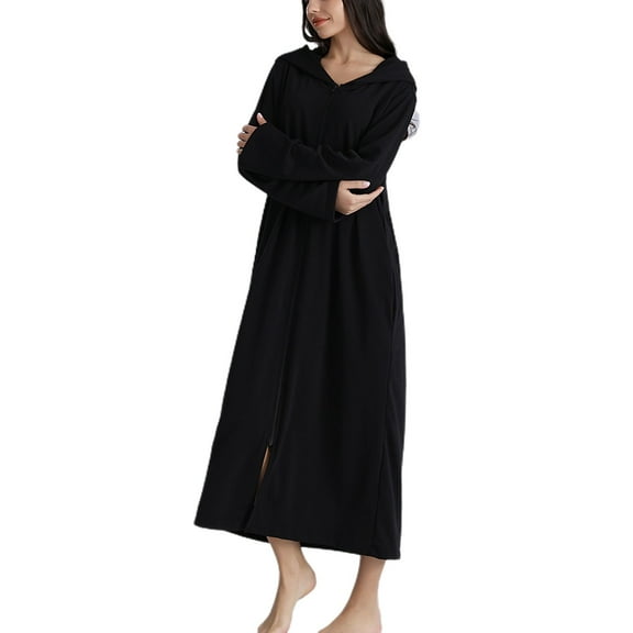 SWSMCLT Women's Long Sleeve Robe Soft House Coat Zipper Long Housecoat Sleepwear Comfy Winter Pocket Housedress Nightgown Black Medium-Large