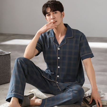 

DanceeMangoo Men Sleepwear Set Short Sleeve Long Pant Male Pajama Set Father Pure Full Cotton Pajamas for Men Underwear Clothes Home Wear Pjs