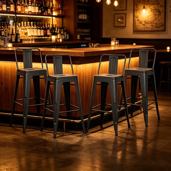 AUU Set of 4 Matte Black 24" Metal Bar Stools Country Rustic Style with Backrest, Lightweight & Sturdy for Kitchen Counter or Bar