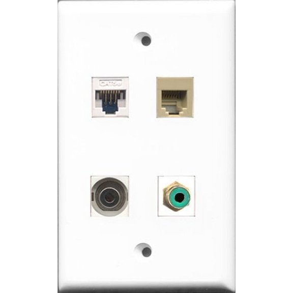 RiteAV 1 Port RCA Green and 1 Port Phone RJ11 RJ12 Beige and 1 Port 3.5mm and 1 Port Cat5e Ethernet White Wall Plate