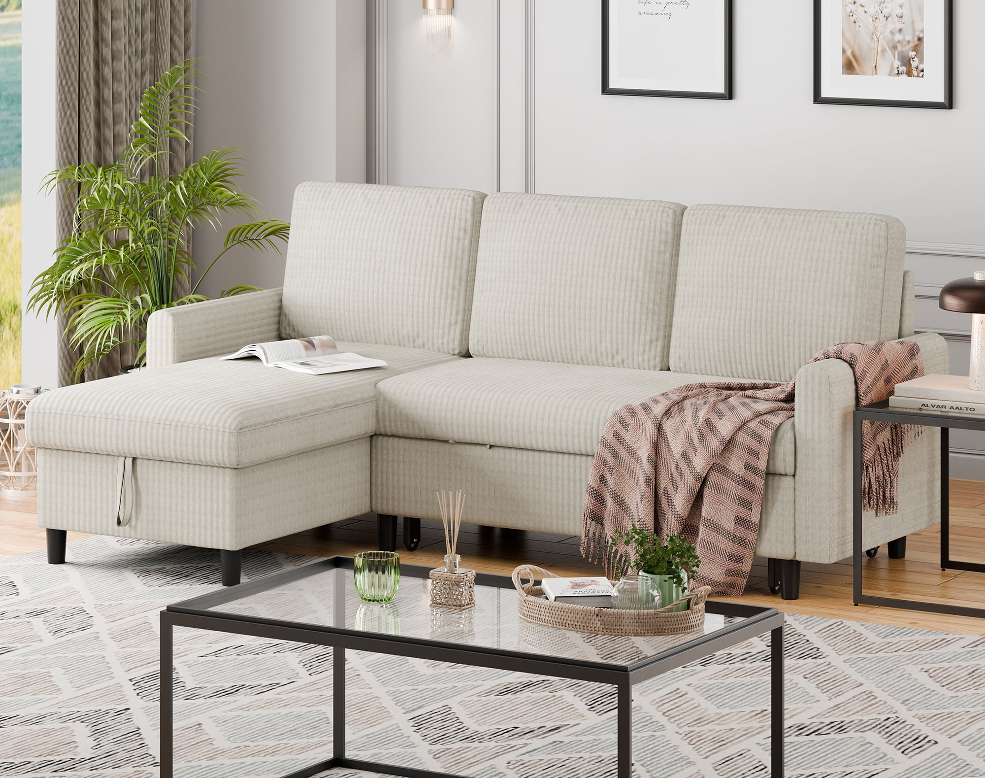 Walsunny Pull Out Sectional Sleeper Sofa Bed L Shape Couches with Reversible Storage Chaise for Living Rooms Small Rooms Apartment,White