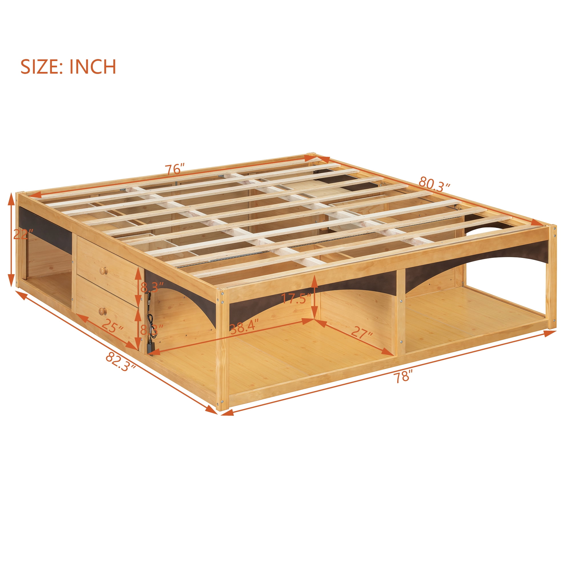 King Size Platform Bed with 2 Storage Drawers, Lighted Under-Bed Open Pet Space, No Headboard