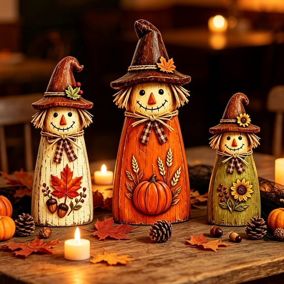 DLMCUH 3-Pack Wooden Fall Scarecrow Tabletop Decor, Rustic Farmhouse Wooden Ornament for Indoor Mantel Shelf Table Display,Vintage Fall Decor for Thanksgiving Autumn Home Decorations