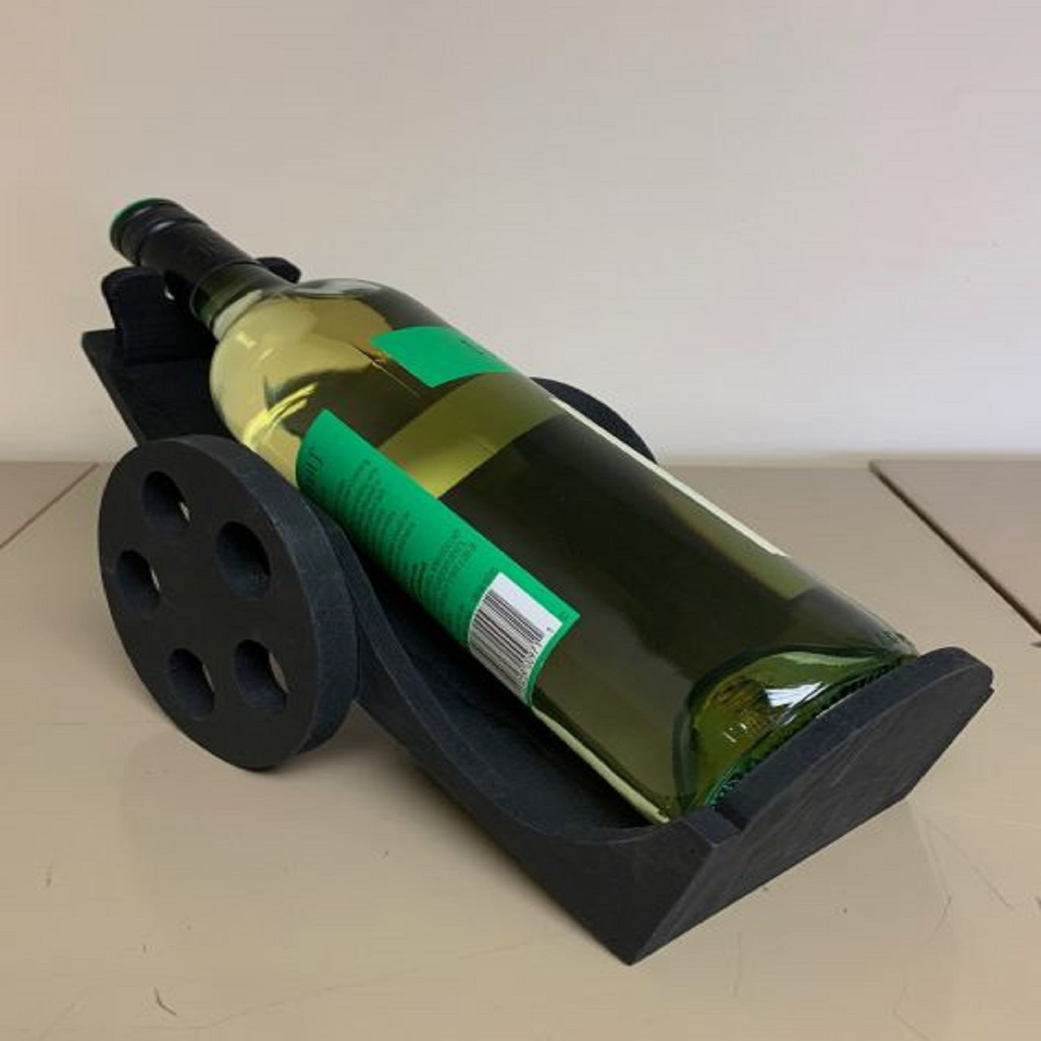 12" Black Wine Bottle Wooden Cart with Wheels