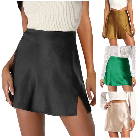 YHAJDS Short Skirts For Women Satin Solid Color High Waist Elastic Casual Mini Skirt Women
