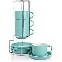 

Porcelain Cappuccino Cups with Saucers and Metal Stand 8 Ounce Stackable Espresso Cups for Specialty Coffee Drinks Latte Americano Tea - Set of 4 (Turquoise)(Turquoise | Style: 8OZ)