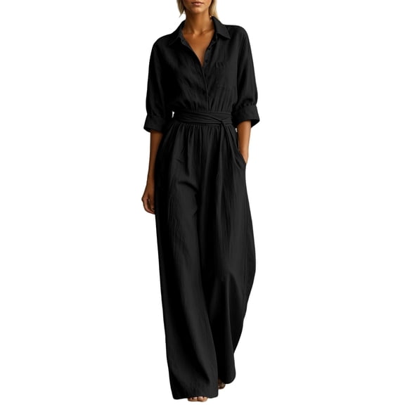Women's Relaxed Fit Wide Leg Jumpsuit for Casual Resort Solid Shirt Style One Piece Day to Night Black L