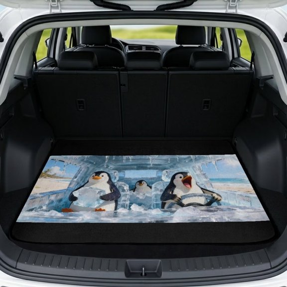 XYZCANDO Cute Penguin Car Trunk Mat 29" x 39", All-Weather Waterproof Cargo Liner with Non-Slip Backing, Easy-Clean Stitched Edge Protector for SUVs, Sedans and Trucks