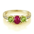thumbnail image 2 of Gem Stone King 2.22 Ct Oval Red Ruby Green Peridot 18K Yellow Gold Plated Silver Moissanite Ring (Size 6), 2 of 4