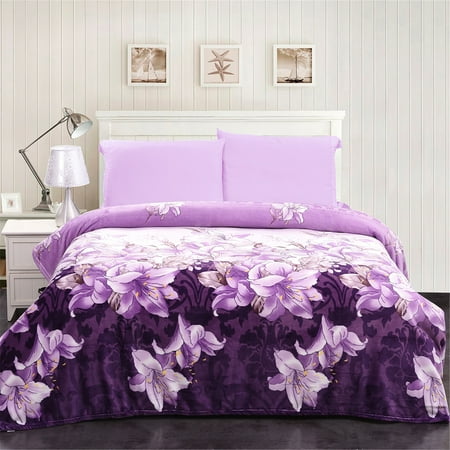 Soft Purple Blanket All Seasons Flannel Fleece Blanket Lightweight Soft Purple Floral Printed For Queen Bed 90