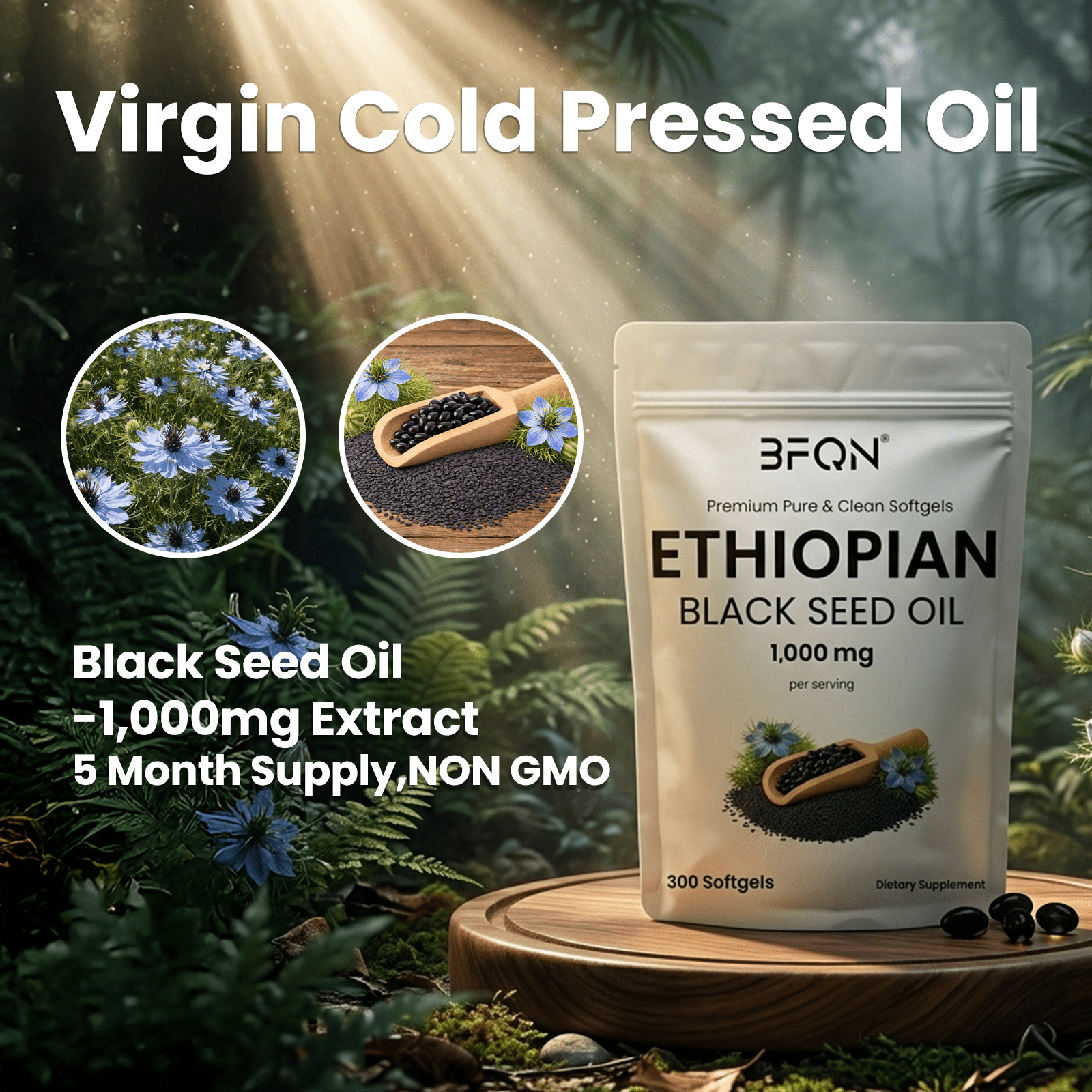 BFQN  Ethiopian Black Seed Oil Softgels – 300 Softgels with 1000mg Cold-Pressed Nigella Sativa, Non-GMO, Skin Health Support