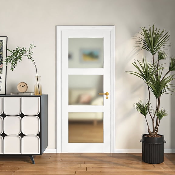 24" X 80"3-Lite Glass Door,Preassembled Frosted Glass French Door,MDF Wood Panel,for Utility Room Pantry Closet Laundry Room, Bathroom,w/o Hardware,White