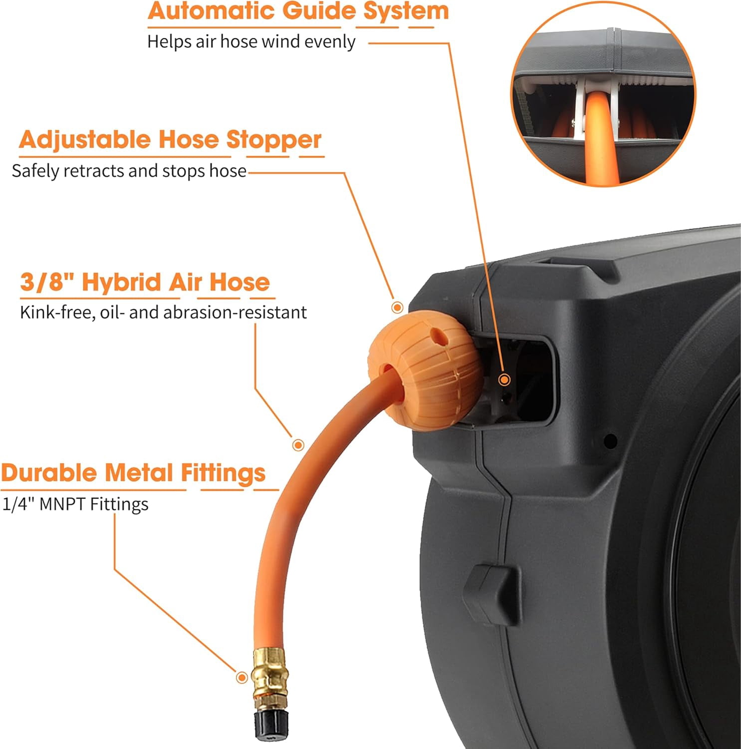 Giraffe Tools Retractable Air Hose Reel, 3/8in-50 ft, Wall Mounted with 180° Swivel Bracket, Compressor Hose Reel, 300 PSI