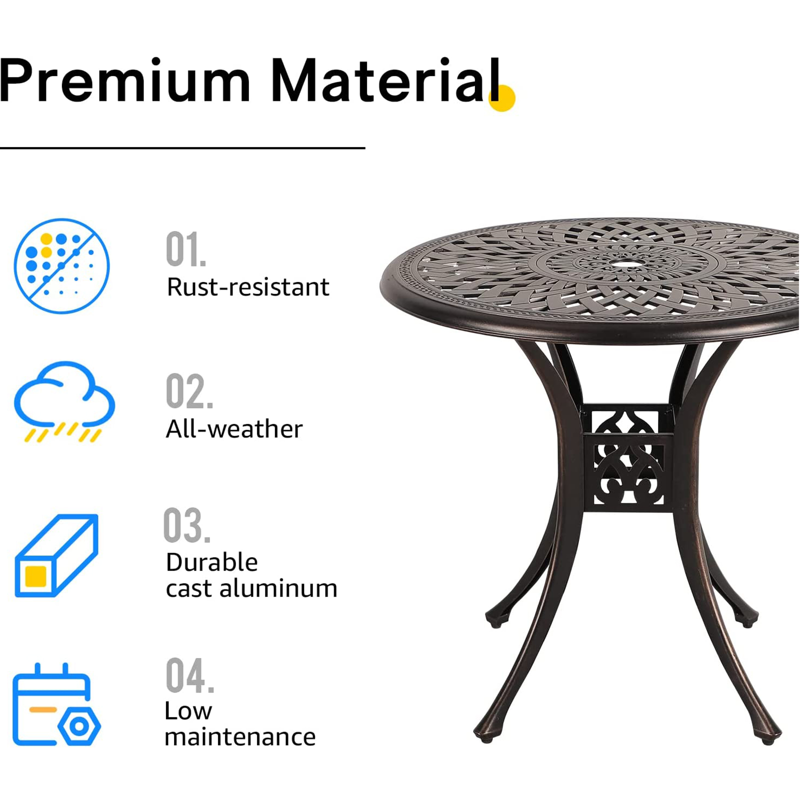 Patio Bistro Table, 31" Round Cast Aluminum Outdoor Dinning Table, Retro Side Table with Umbrella Hole, Antique Bronze - image 5 of 8